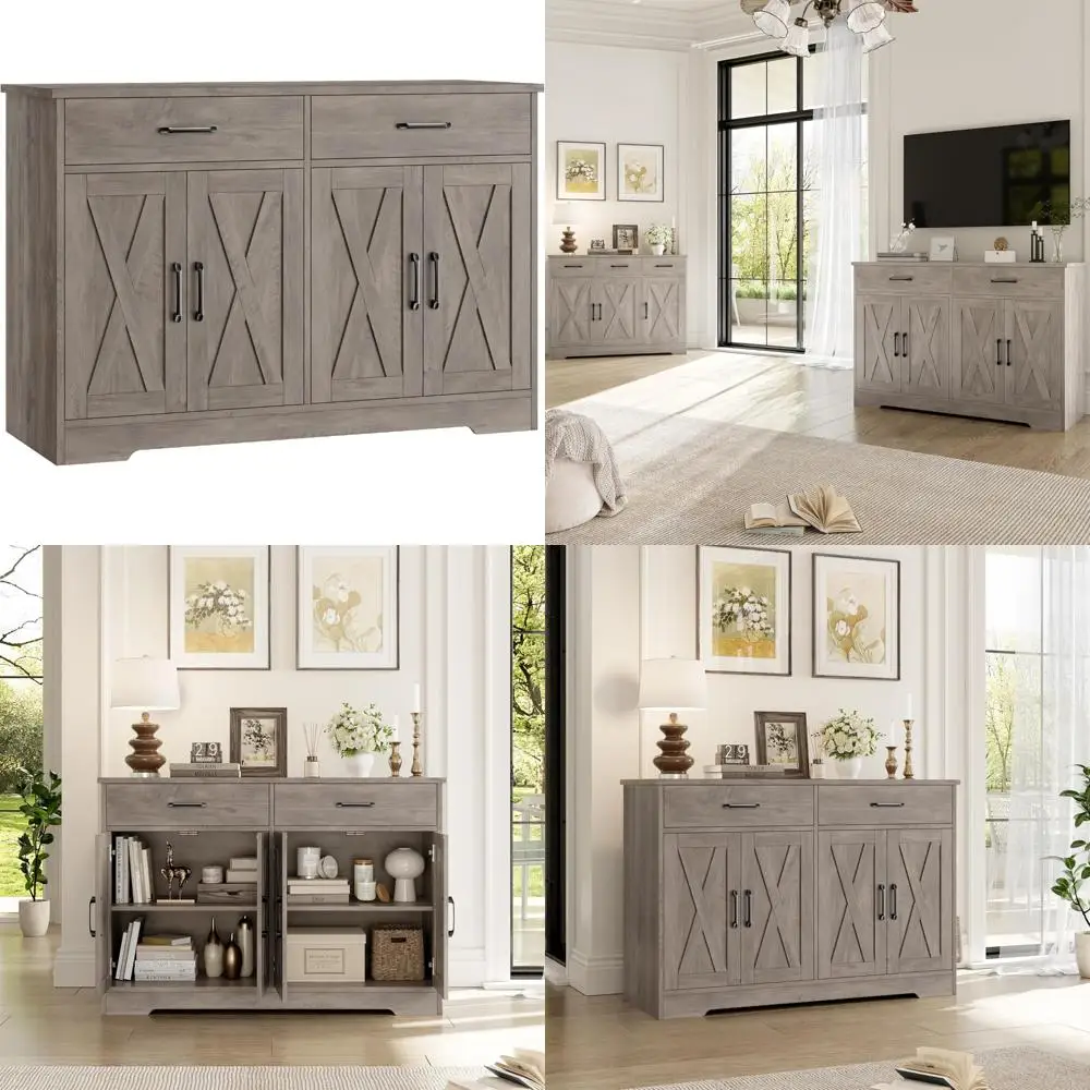 Modern Farmhouse Kitchen Sideboard Buffet Cabinet with Storage and Drawers, 47.2-inch Coffee Bar Station with Shelves