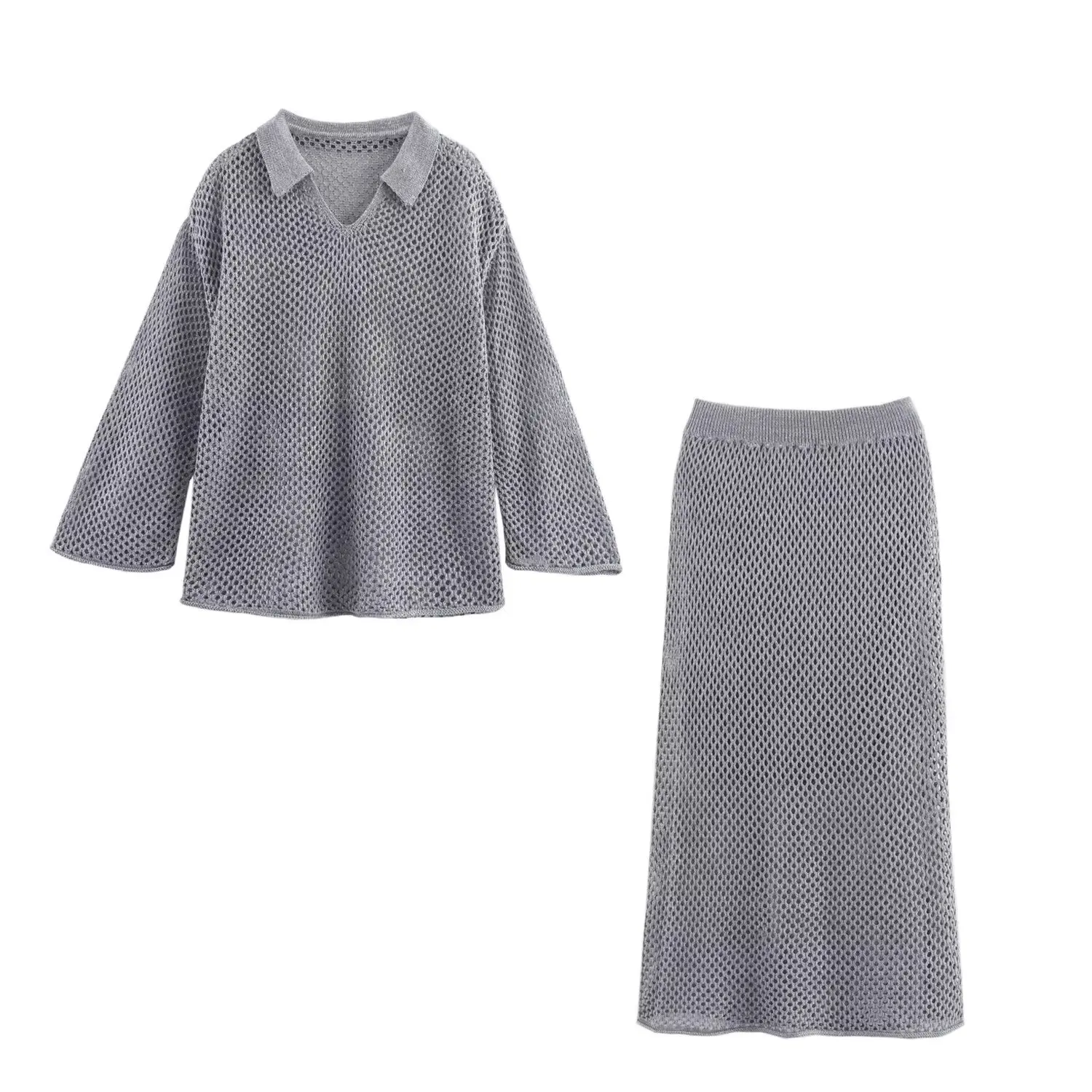 

straight Bust Skirt Knit Two Piece Set Spring Autumn Knitted Hollow Out Skirt Outfit Women Long Sleeves Lapel Pullover Sweater