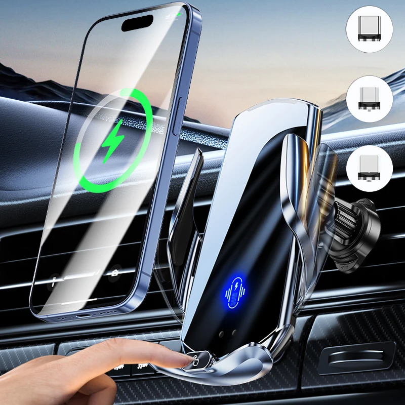 Smart Sensor Wireless Car Phone Charger Mount with Anti-Slip Bracket, Compatible with iPhone, Xiaomi, Oppo, Vivo, Samsung, OnePl