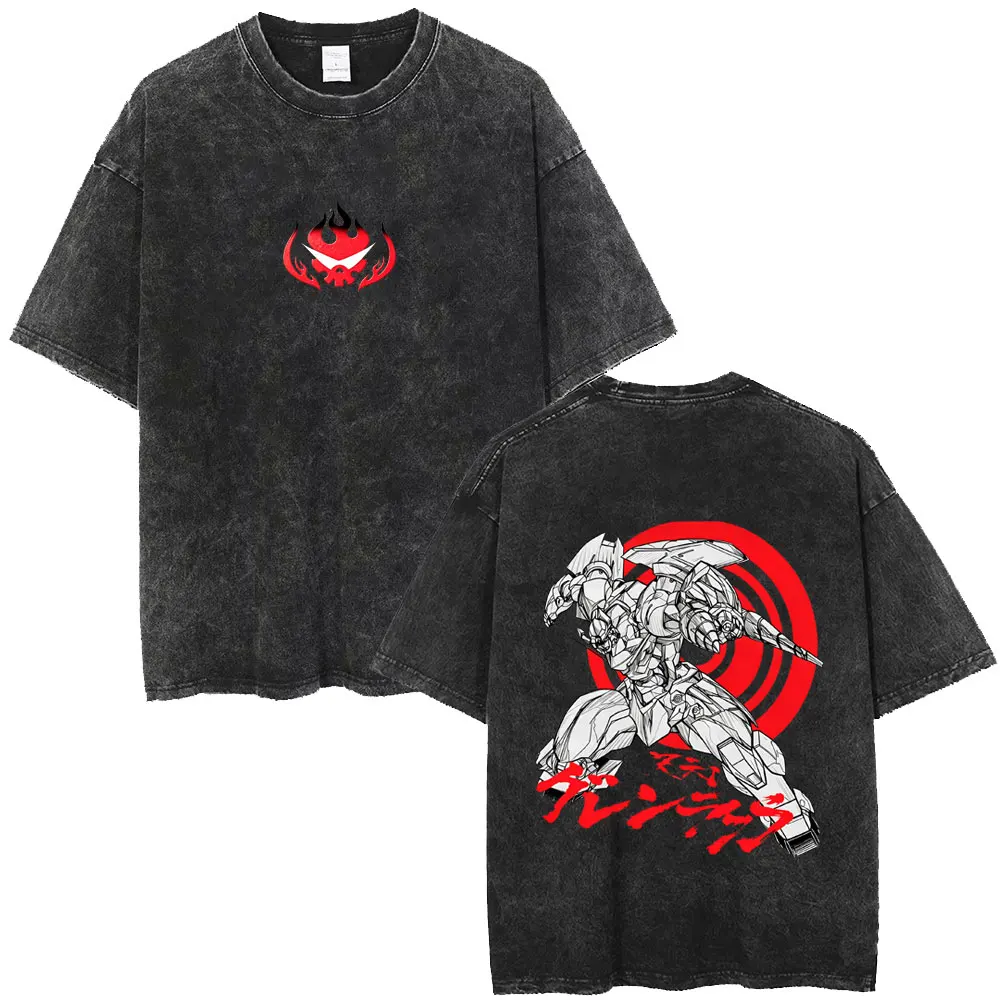 Washed Vintage Anime Tengen Toppa Gurren Lagann T-shirt Men Women Clothing Manga Oversized T Shirts Men's Casual Cotton T-shirts