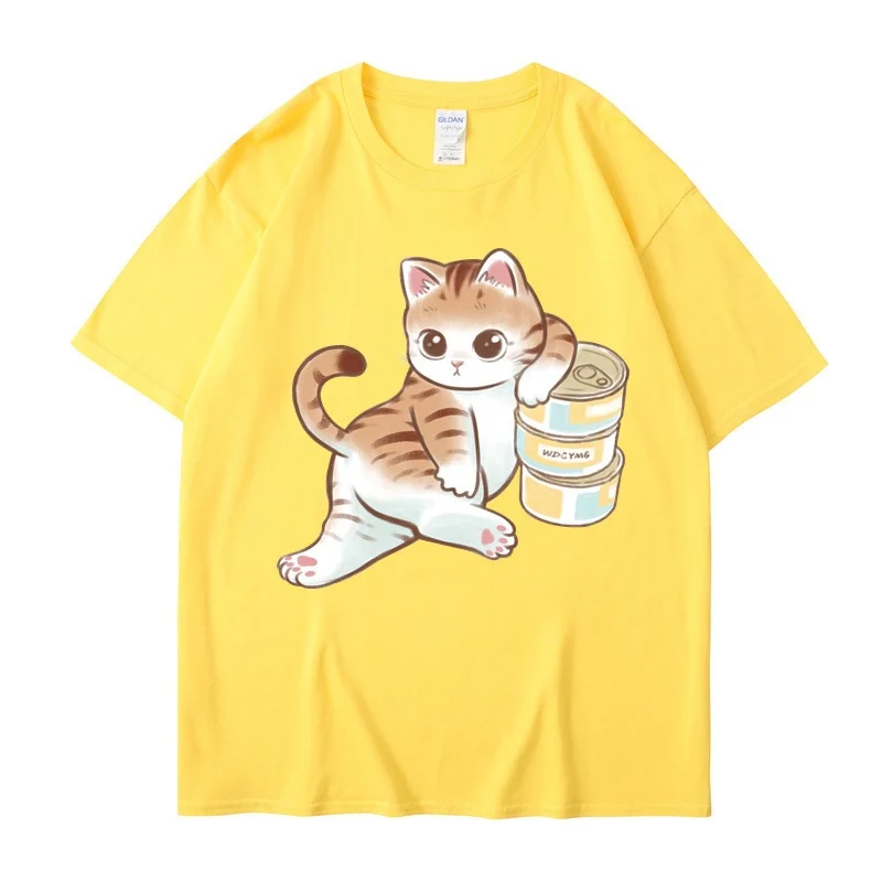 夏天남녀 커플 만화 고양이 프린트 라운드 넥 상의, 캐주얼 통기성 티셔츠, 하라주쿠 스타일 반팔 티셔츠