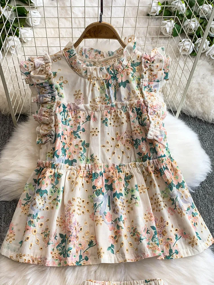 

Summer Floral Print Doll irt Hollow out Embroidery Top High Waist Slimming Wide Leg orts Two Piece Set Women's Faion