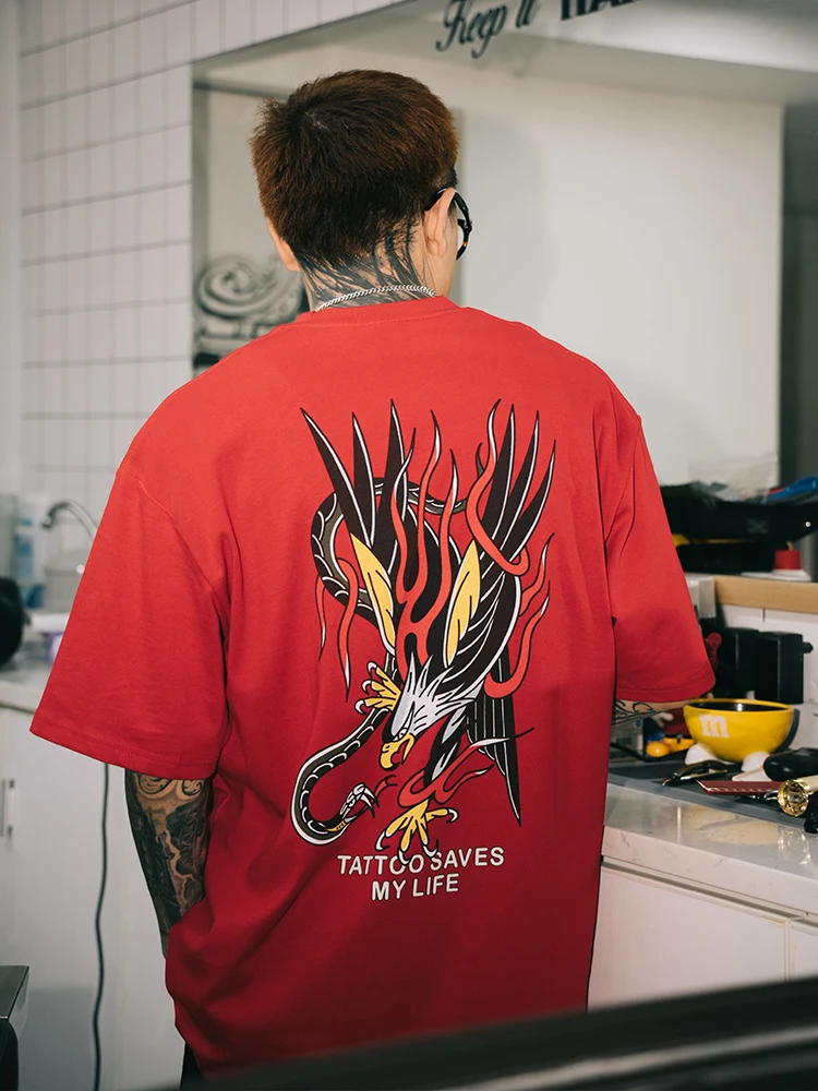 Vincent American Retro Tattoo Eagle Snake Streetfighting Unisex Short Sleeve T-Shirt Cotton Casual round Neck Loose Fit