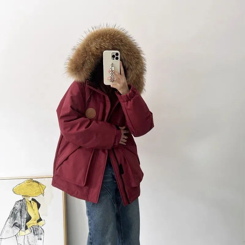 

Jumper suit Down jacket with a fur collar and white duck down, workwear style Down jacket Woman Men and women Thick winter coat