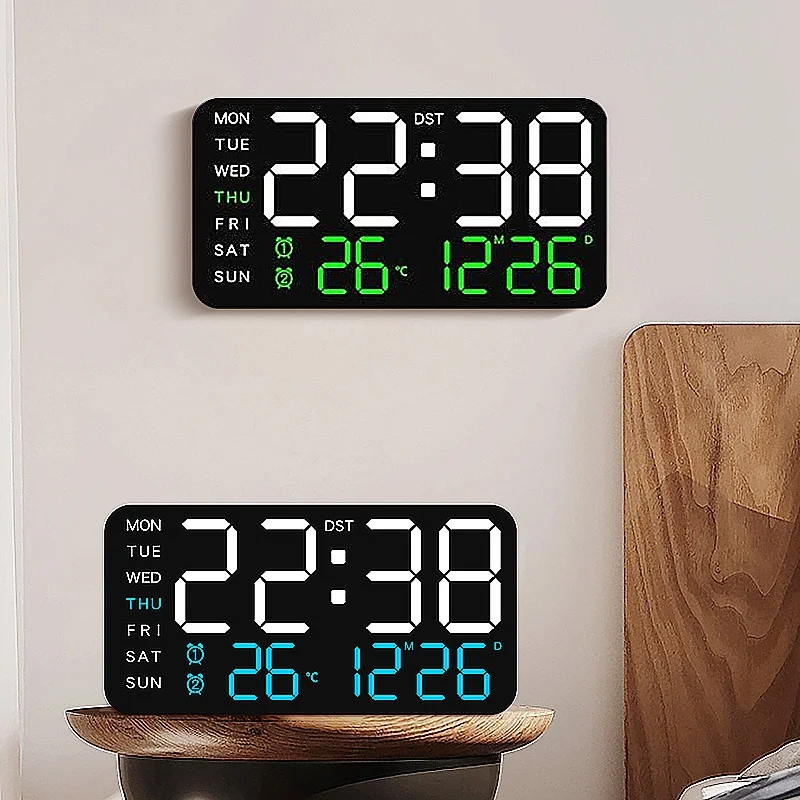 Voice Control Digital Wall Clock TEMP Date Week 2 Alarm Snooze Table Clock DST 5 Level Brightness Auto Dimmable 12/24H LED Clock