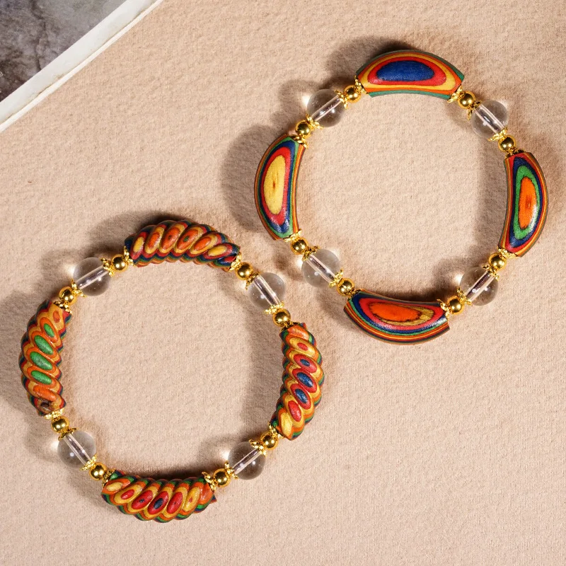 Chinese Style Auspicious Lucky Blessing Rainbow Wood Curved Tube Beaded Bracelet Clear Crystal Beads Couple Matching Prayer Brac