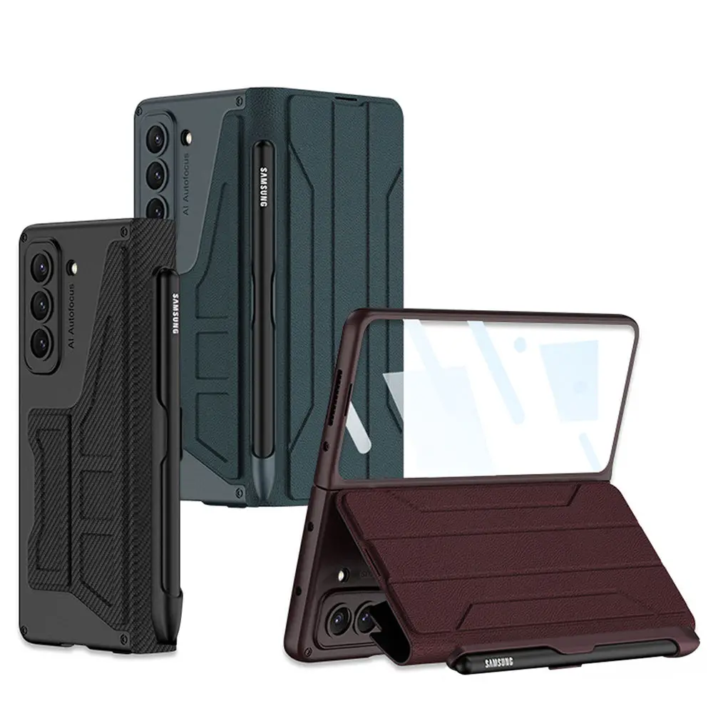 for Samsung Galaxy Z Fold 5 Warrior Leather Case Shell-membrane Integration with Detachable Pen Holder Anti-drop Cover