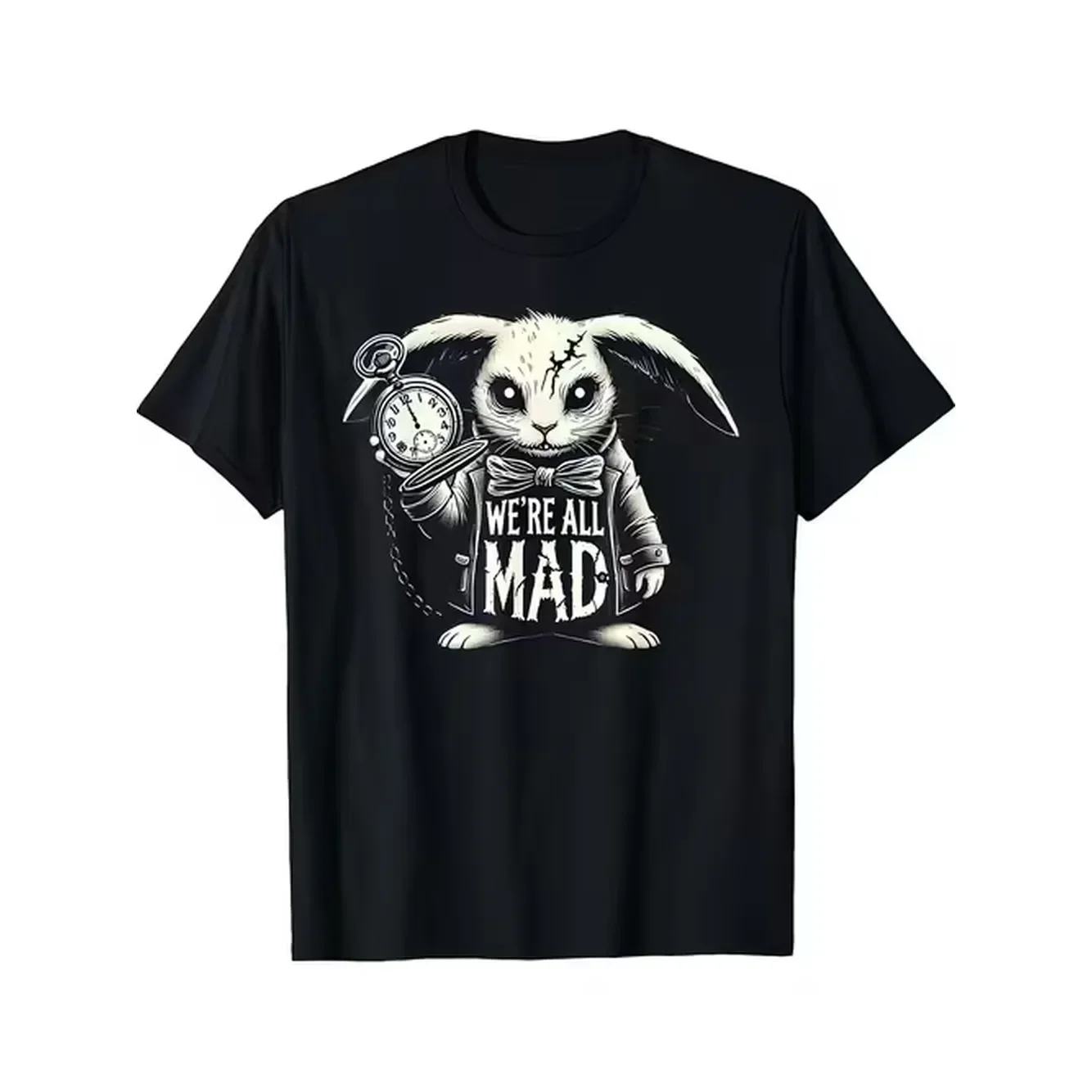 Oversized Printed T Shirt Black Short Sleeved T Shirt Featuring A Steampunk Rabbit Pattern Long Ears Hanging Tied With A Bow Tie With A Vintage Pocket Watch And The Gothic Text All Mad