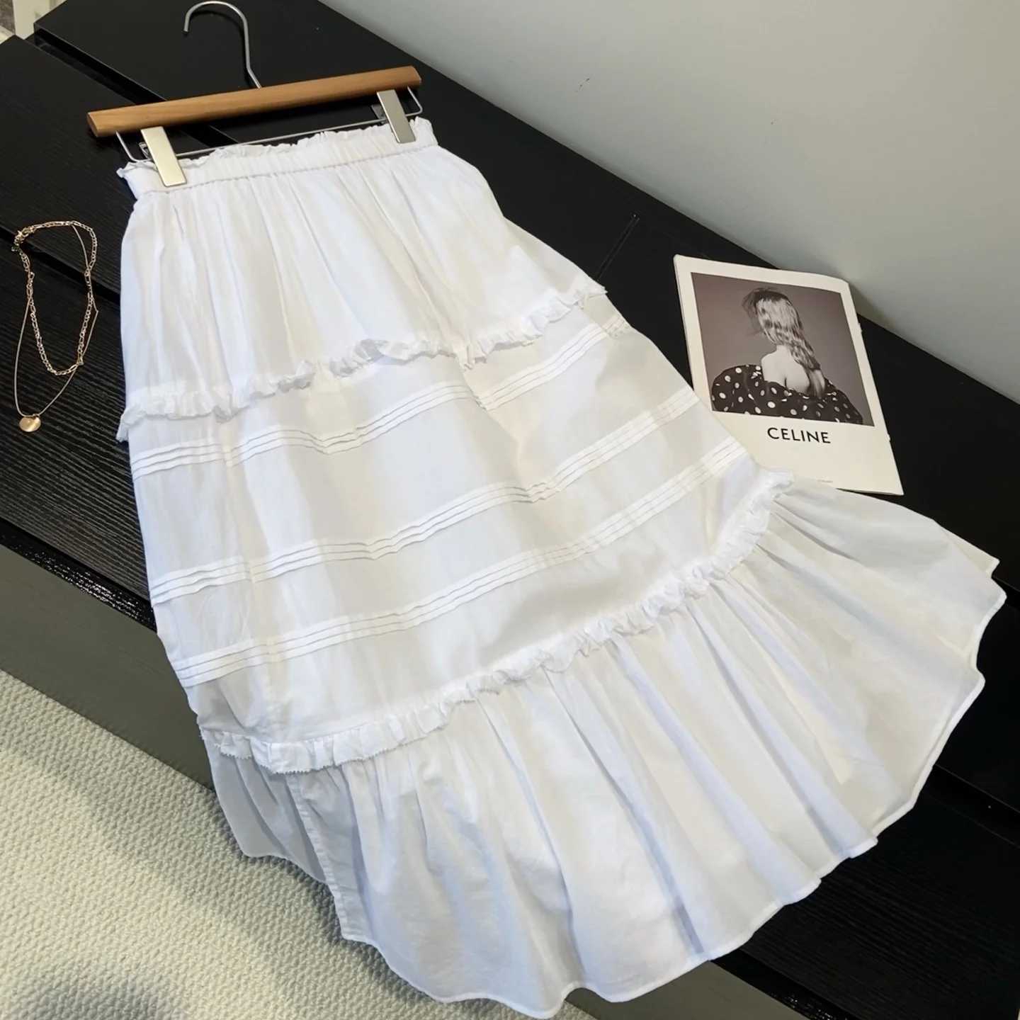 

High Waist White Halter Neck Gown Summer Vacation Style Splicing Cake Skirt Women's Premium Fashion Spring Cotton 100%