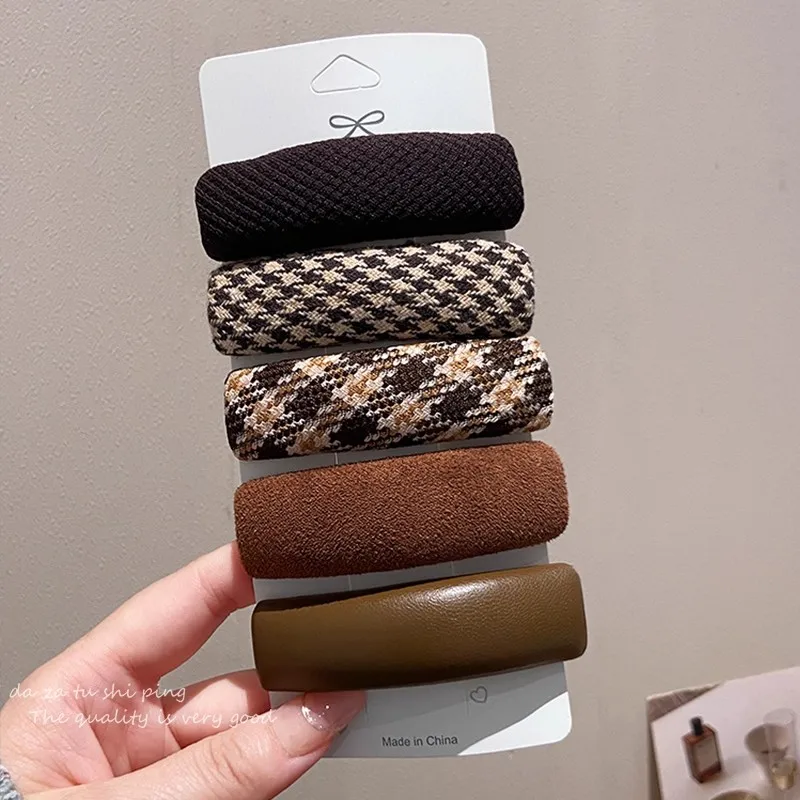 5 Stück/Set Vintage braune karierte rechteckige Haarspangen für Frauen und Mädchen, süße Haarschmuck-Haarspangen, modische Haar-Accessoires – Detail 5