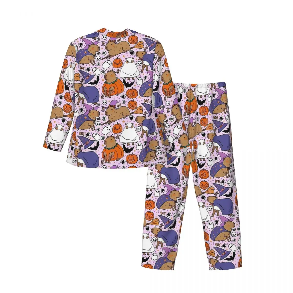 Carino Halloween Capybara Stampa Indumenti da notte Primavera Casual Allentato Pigiama oversize Set da uomo Maniche lunghe Camera da letto calda Indumenti da notte personalizzati