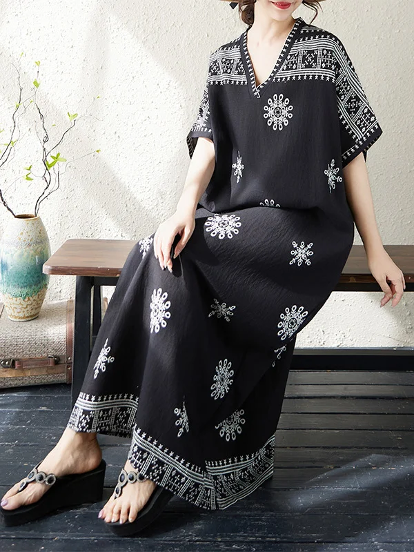 

Summer New Cotton Lin Green V-neck Loose Holiday Style Beach Skirt Long Artistic Women's Robe Citywalk Batwing Sleeve Dress