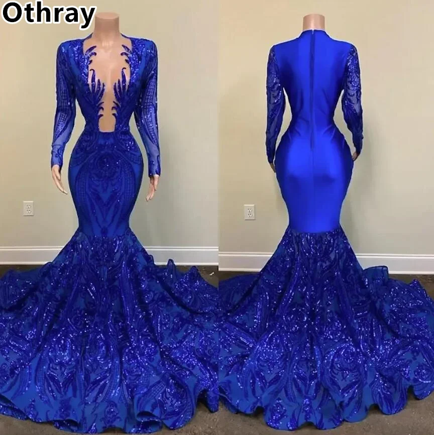 Othray Sparkling Royal Blue Prom Dresses Long Sleeves Sequins Decal Sexy Mermaid Formal Evening Gowns Girl Party Robe 2024