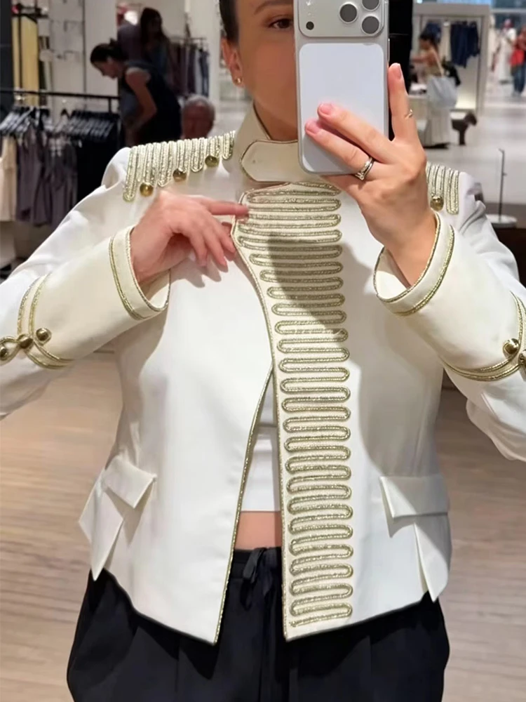 New Women's Napoleon Jacket Street Stand Collar Long Sleeve Buttons Short Jackets Chic 2026 Autumn Female Daily Outerwear