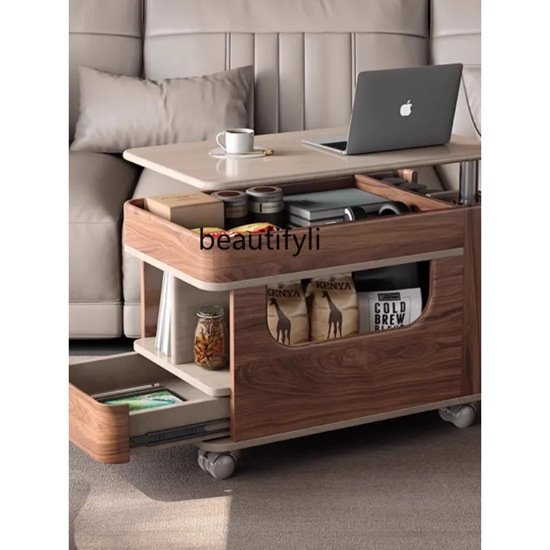 Solid Wood Lifting Tea Table Movable Trolley Side Table Black Walnut Household Rotating Bedside Cabinet image 4