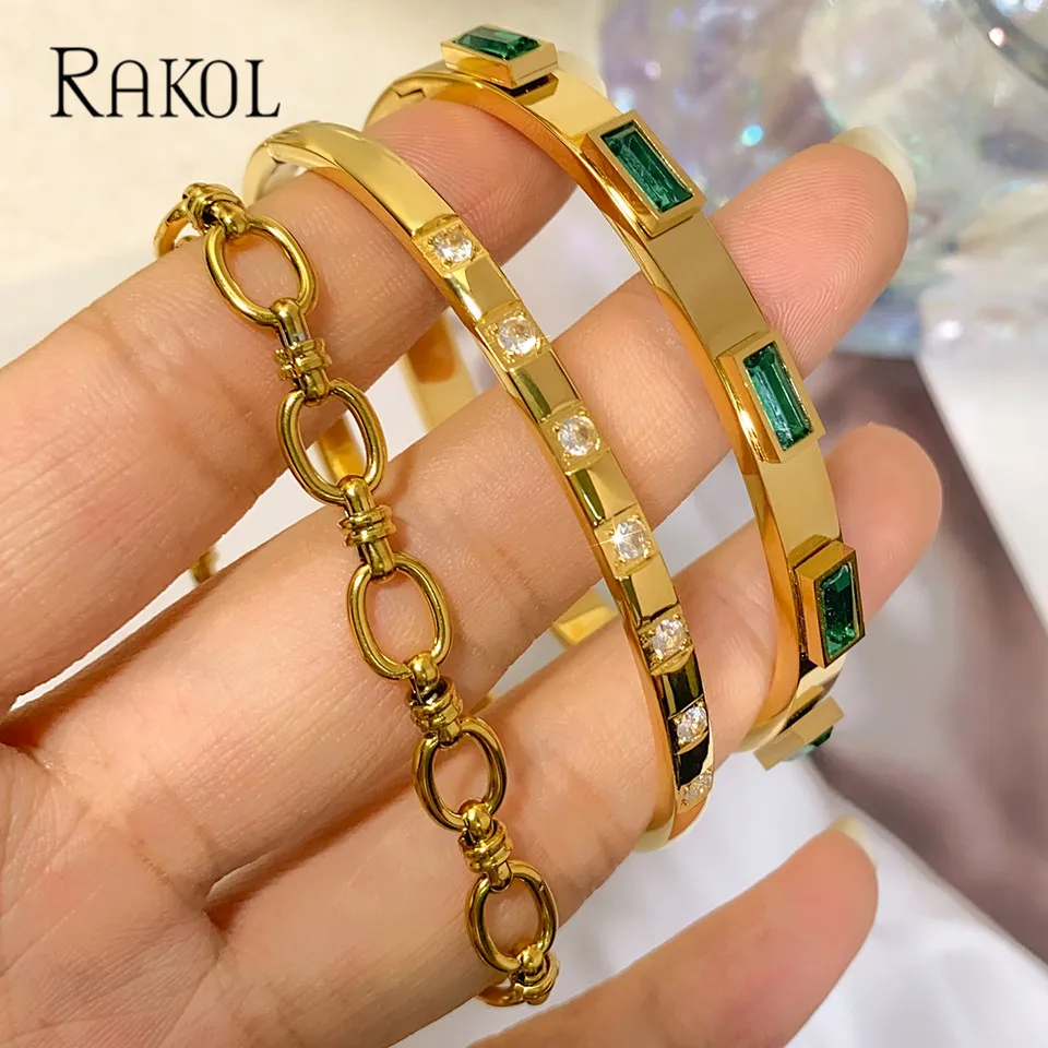 

Luxury Gold Plated Stainless Steel Cuff Bracelet For Women Men Green Cubic Zircon Couple Bangle Waterproof Fashion Jewelry Gift