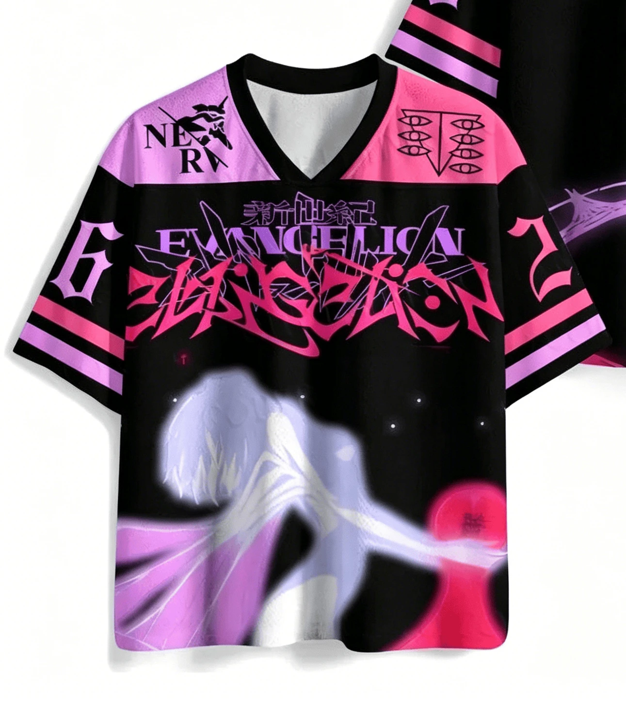 Summer New Century Evangelion EVA Ayane Boli Printed Black Pink Contrast Street Large Loose Quick Drying Short Sleeve Kids