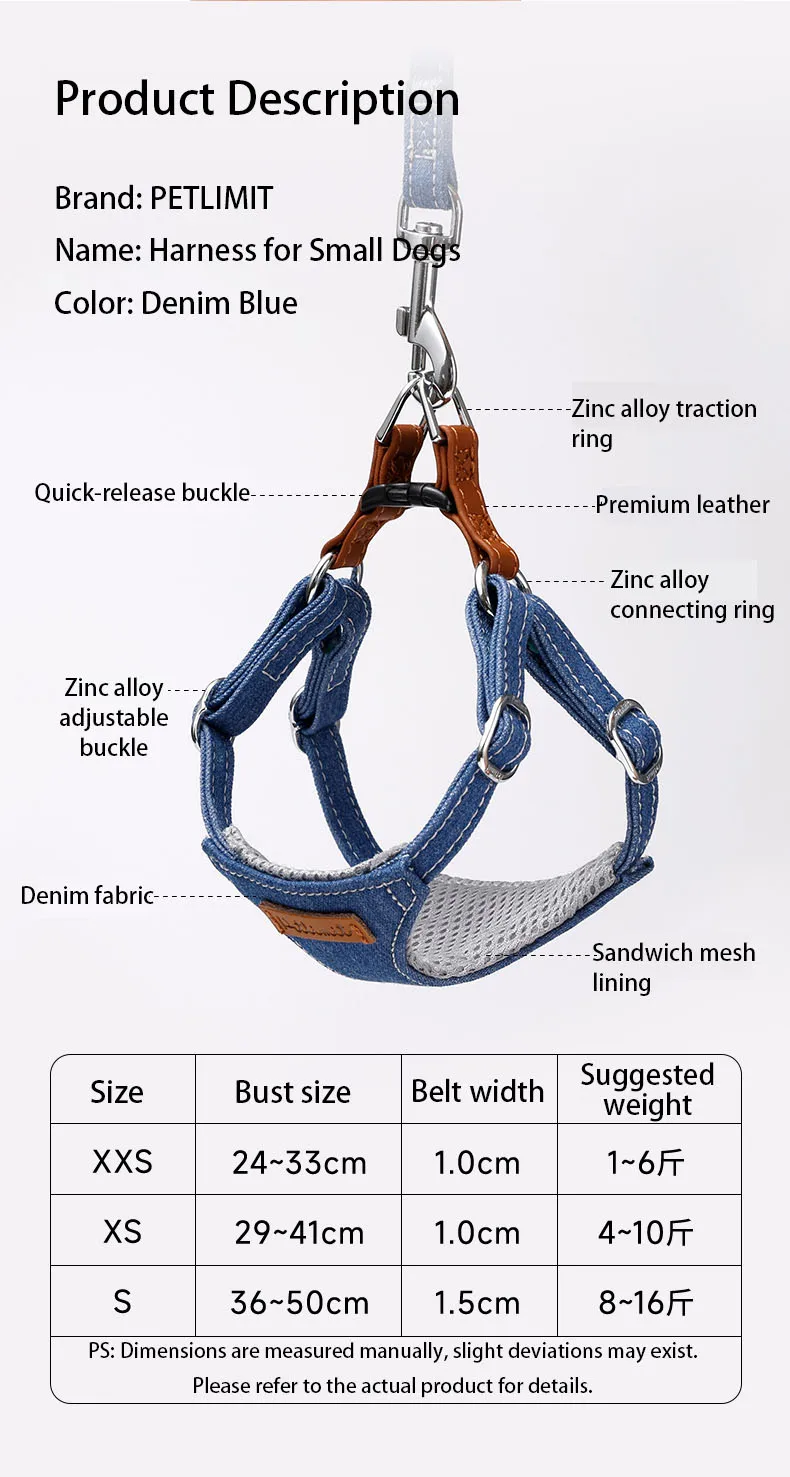 Petlimit Puppy Harness Vest - Adjustable Jean Dog Chest Strap Walking Vest for Small Puppies XXS XS S, Denim Blue view 4