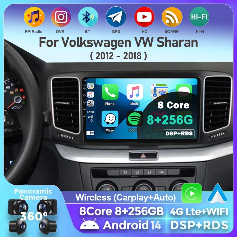 

Android 14 Carplay Car Radio For Volkswagen VW Sharan 2012 - 2018 Navigation GPS Multimedia Player WiFi+4G BT stereo 360 Camera