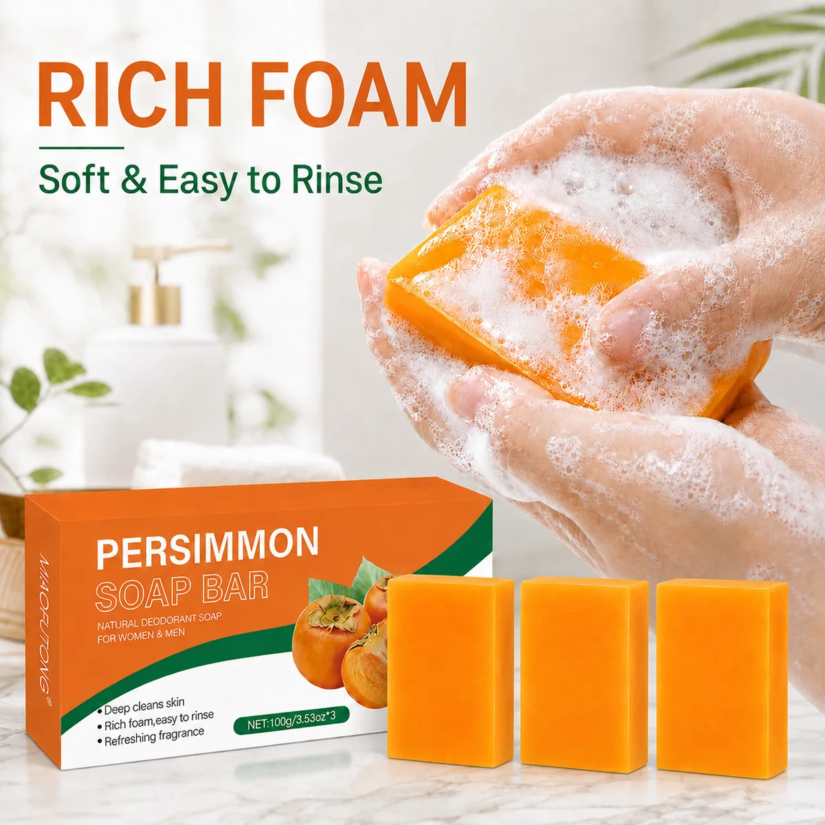 Persimmon soap for body bathing odor removal deodorization oil control, moisturizing, cleaning, handmade soap, moisturizing soap