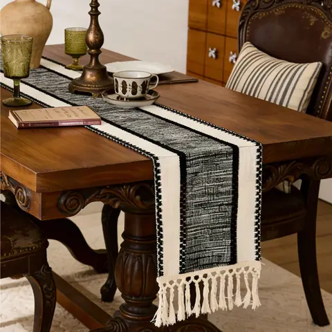 Boho Farmhouse Table Runner with Tassels Macrame-Style Rectangular Design Durable Fabric for Home Restaurant Kitchen Decor