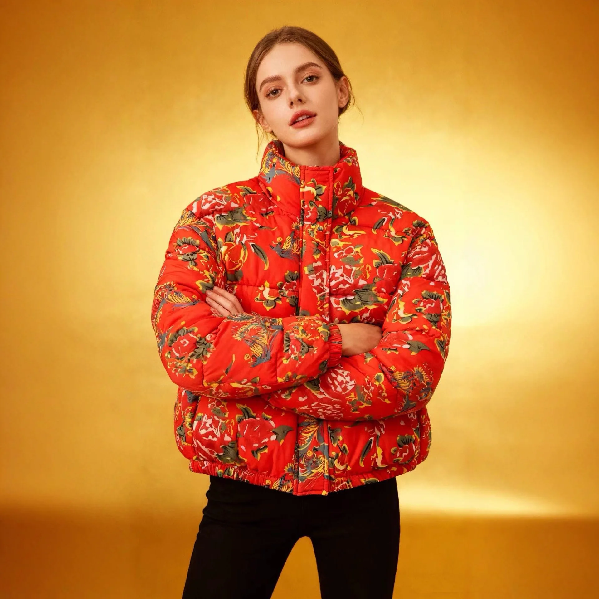 AW Y2k Parkas for Woman Winter New Cotton Jacket Chic Flower Print Zipper Vintage Chinese Traditional Patter Short Parkas