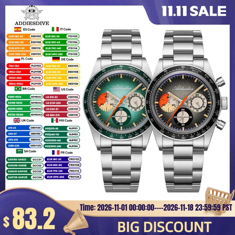 ADDIESDIVE Hot Sale Chronograph Watch 316L Stainless Steel 10Bar Waterproof 0S20 Movement C3 Super Luminous AD2551 Watch For Men