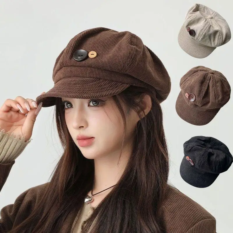 Women Corduroy Octagonal Newsboy Cap Double Wooden Buttons Soft Face Flattering Beret Hat For Daily Outfit