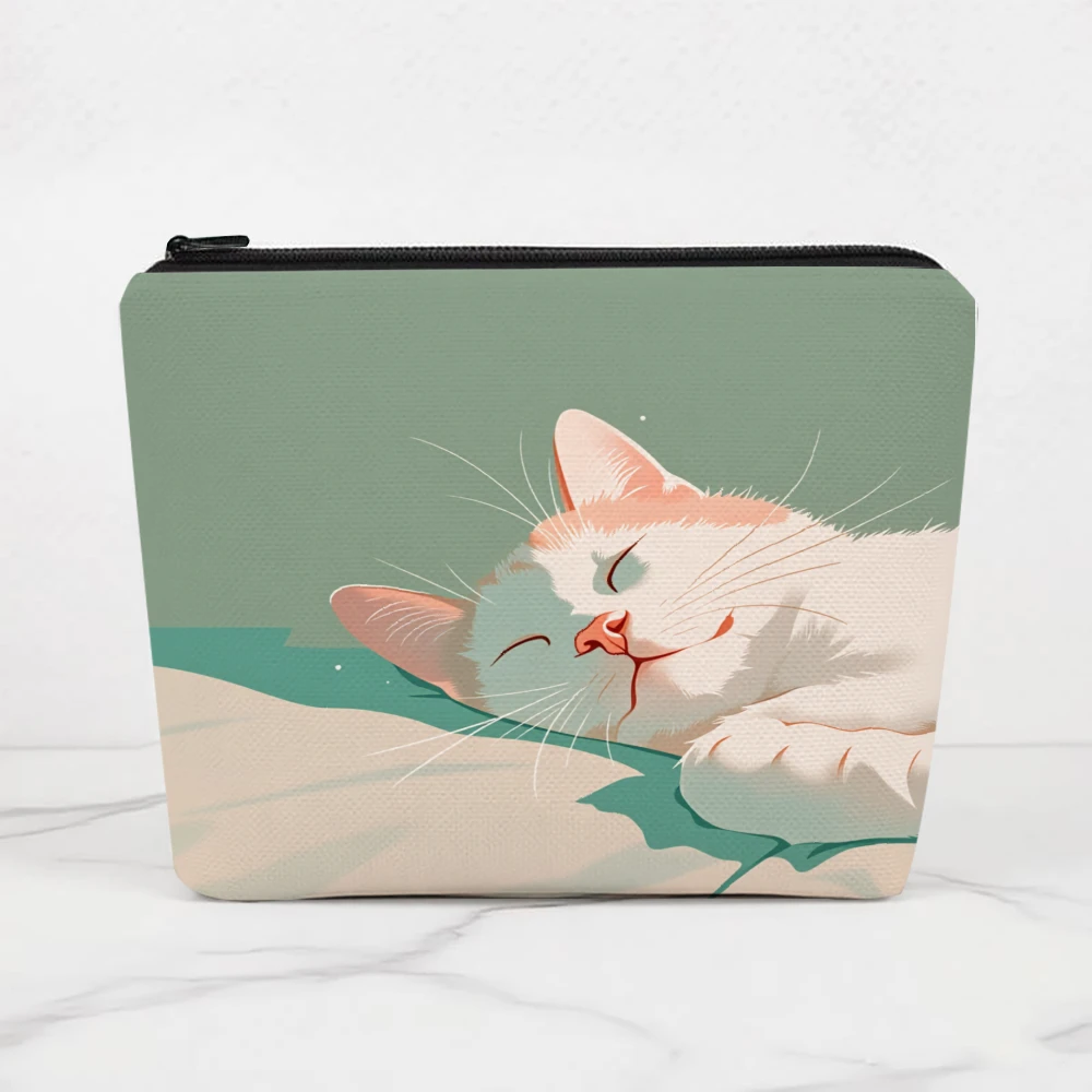 Bolsas de maquillaje con diseño de gato durmiendo con ojos cerrados para niñas, bolsa de cosméticos, estuche para lápices, almacenamiento de viaje