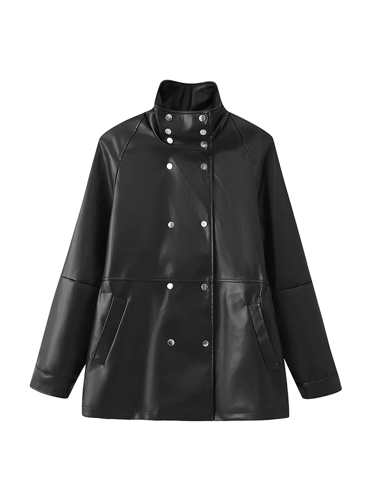 المرأة خمر فو سترات من الجلد مزدوجة الصدر الوقوف طوق سليم بولي Coats معاطف الخريف الشتاء موضة شارع العليا جاكيتات