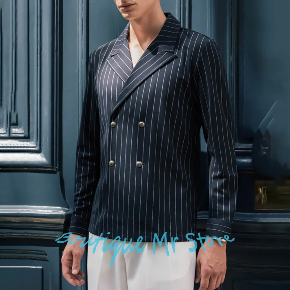 

Elegant Men's Navy Blue Pinstripe Suits Double-Breasted Peaked Lapel Blazer Stylish Tailored Jacket for Smart-Casual Looks
