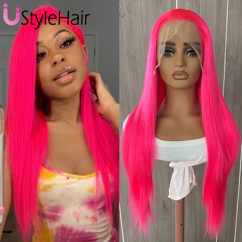 

UStyleHair Neon Pink Long Silky Straight Wig Synthetic Hot Pink Lace Front Wig Heat Resistant Fiber Hair Daily Wear Cosplay Wigs