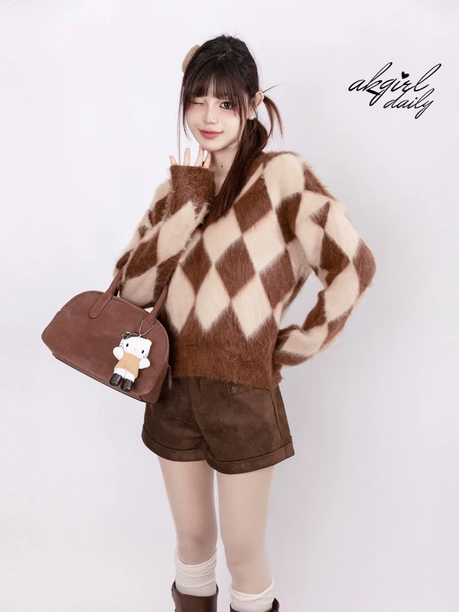 

Retro Autumn Winter V-Ne Brown Diamond id Camere Sweater ort Women's Top Vintage Sle Regular Fit Online Exclusive