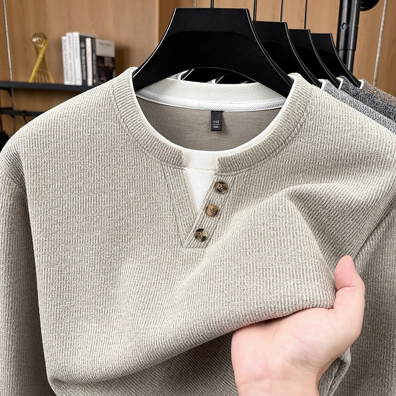 High End Spring Autumn Sweater V-Neck Fake Two-Piece Button Design Fashion Brand Korean Simple Casual Comfort Knitted Pullover