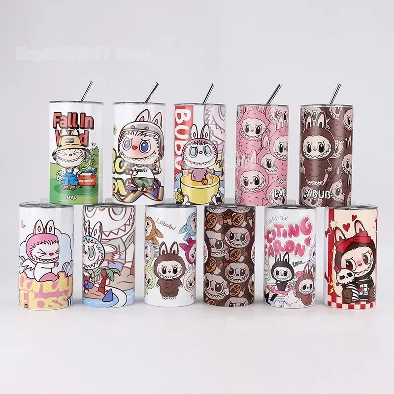 새로운 Labubu 600ML 절연 컵 만화 애니메이션 팝 마트 3D 패턴 대용량 귀여운 밀짚 컵 고품질 미국 커피 컵