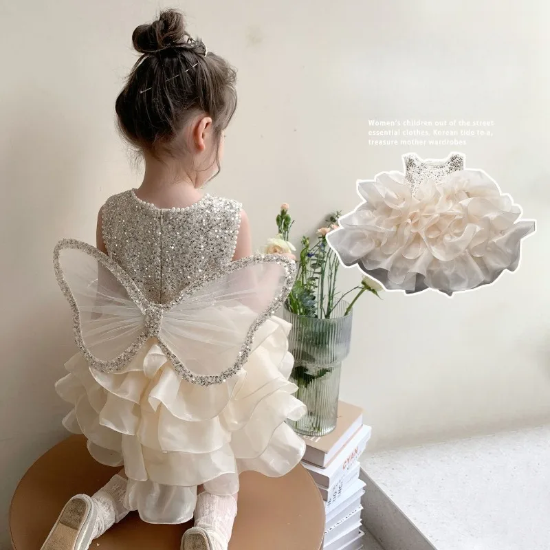 Princess Dress Sequined Puffy Tulle With Butterfly Wings 2026 Summer Elegant Layered Birthday Party Stylish Daily Fashion Outfit