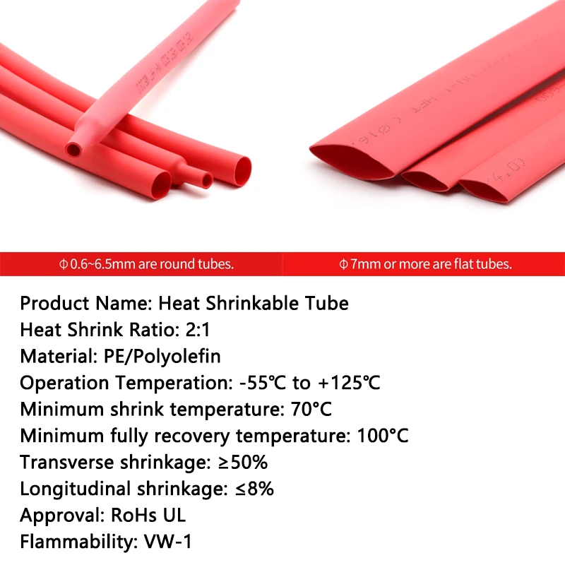 1/3/5/10m 2:1 Heat Shrink Tube Red 0.6 1 2 3 4 5 6 7 8 9 10 12 14 16 20 25 30 40 50 60 70 80mm Insulated Polyolefin Cable Sleeve