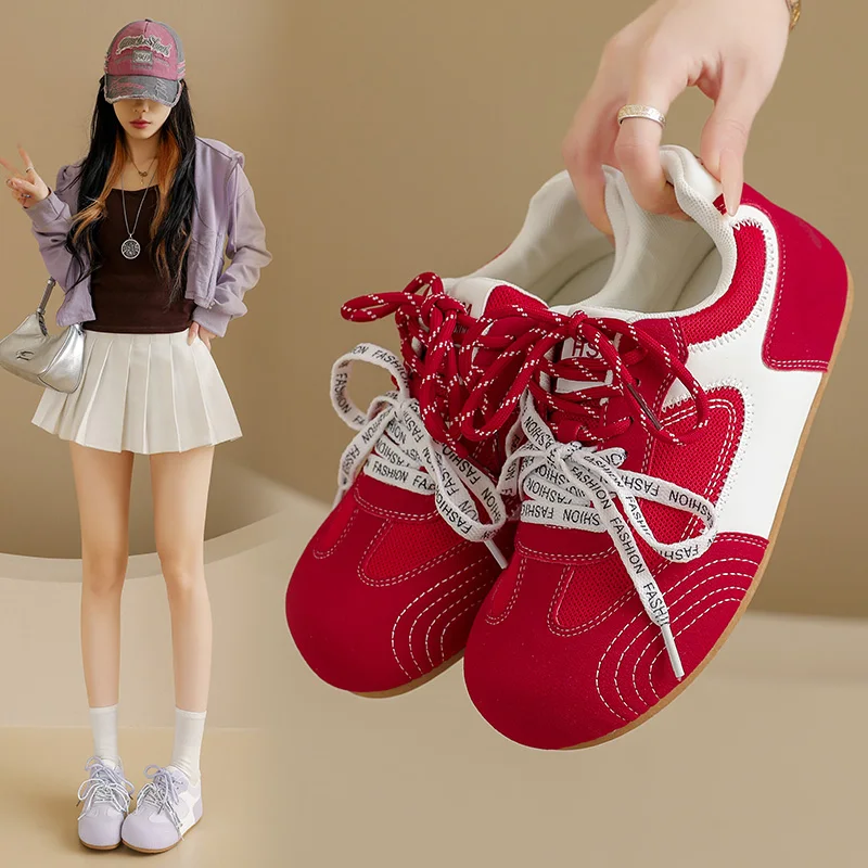 

2026 Spring Summer New Women's Retro German Trainers Flat Bottom Shoes Lightweight Anti-Slip Wear-Resistant Casual Mesh Sneakers