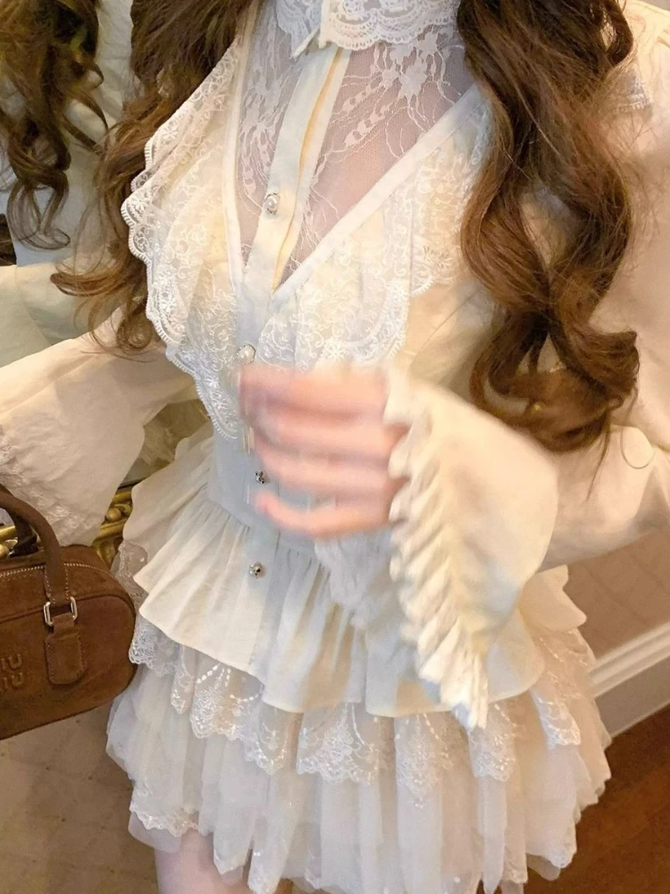 Conjunto Retro elegante francés de dos piezas para mujer, Tops adorables de manga larga + falda de pastel elegante, nuevo diseño, trajes Vintage encantadores, otoño 2025