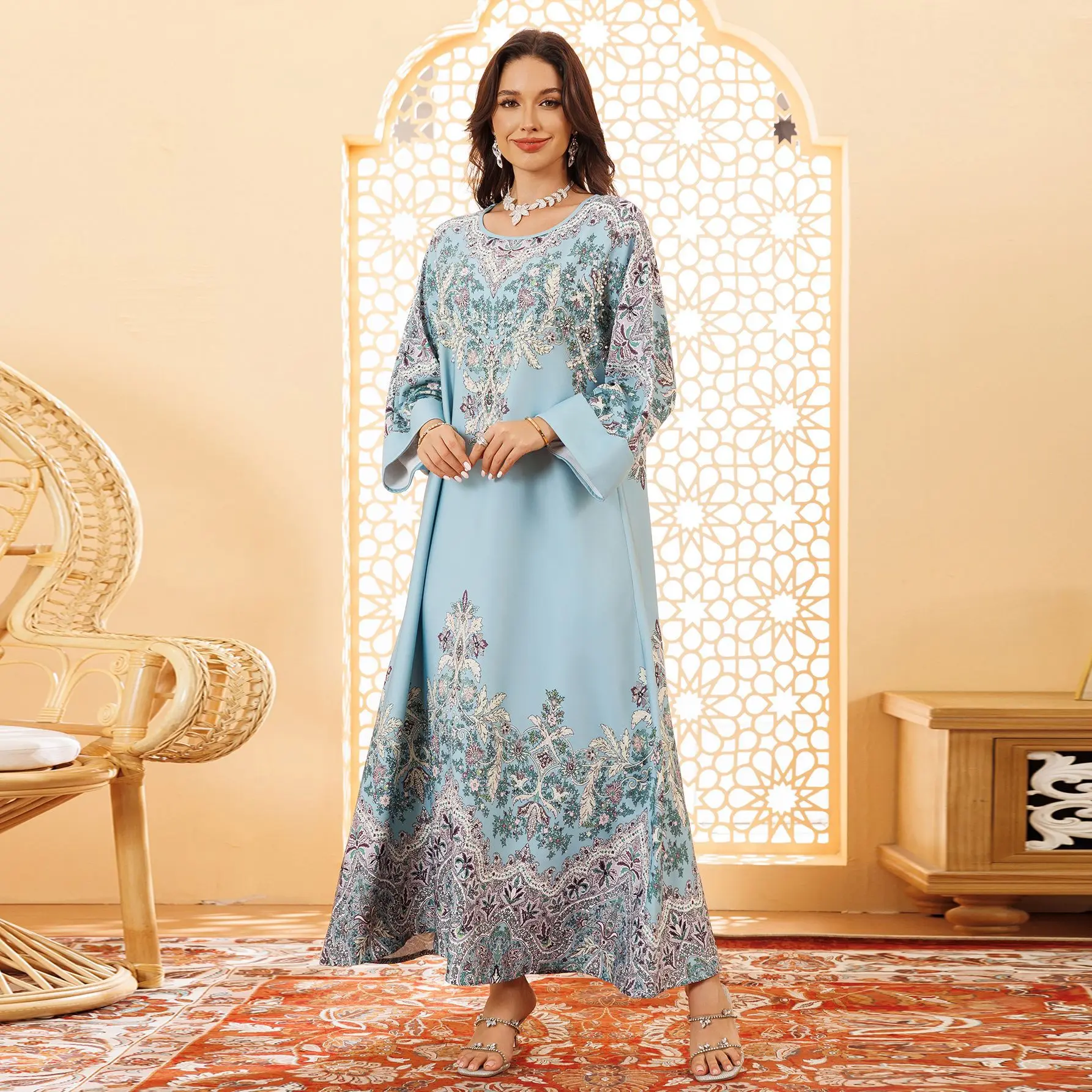 Middle Eastern Abaya Muslim Jalabiya Pullover Printed Flower Rhinestone Long Loose Maxi Abaya Robe Women's Dress