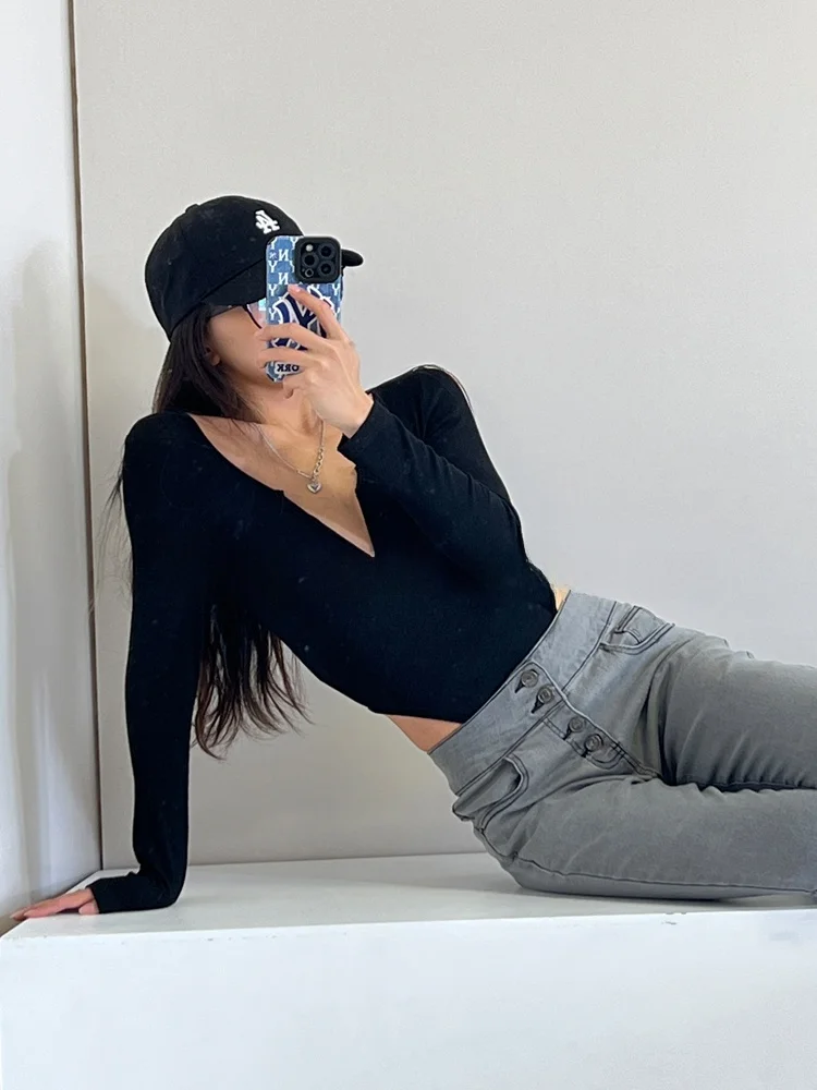 مثير V-Ne طويل Sve قطعة واحدة تي شيرت المرأة الرجعية حمالة ارتداءها k زر لون نقي الشارع Sle سليم صالح ارتداءها #3