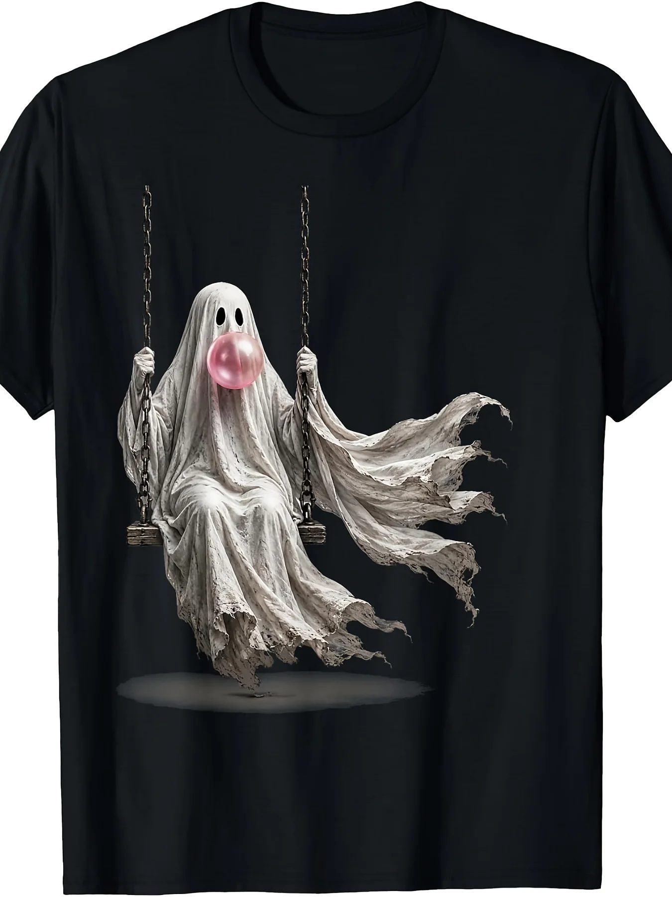 Ghost on Swing Blowing Bubble Gum Spooky Halloween Funny T-Shirt Retro Casual Crew Neck Printed T-Shirt