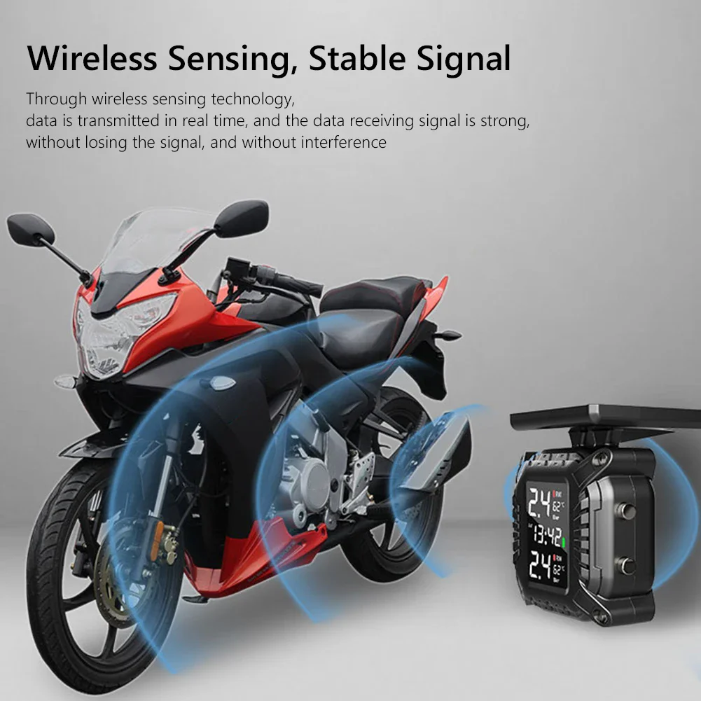 Motorcycle TPMS Solar Power Tire Pressure Monitor Wireless Tire Pressure Monitoring System Tyre Temperature Sensor Alarm System