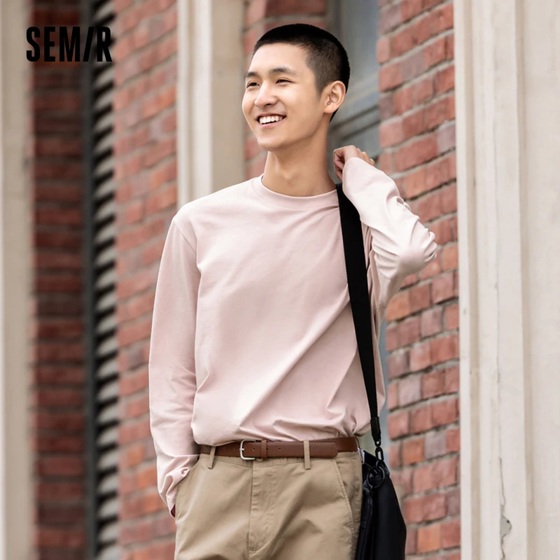 Semir T-Shirt Men Long Sleeve T-Shirt 2024 New Autumn Simple Solid Color Versatile Base Layer Top Pure Cotton Couple Matching