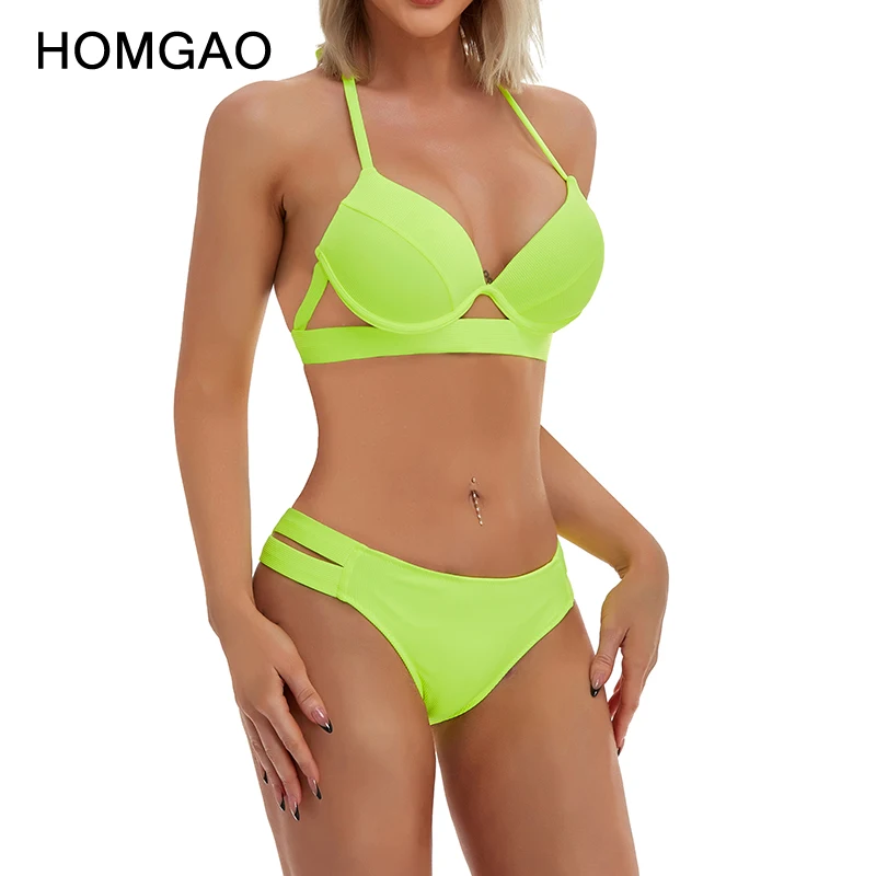 HOMGAO Ribbed Sexy Bikini Set Women Swimsuit 2023 New Low Waist Two Pieces Swimwear Push Up Brazilian Bathing Suit Beachwear