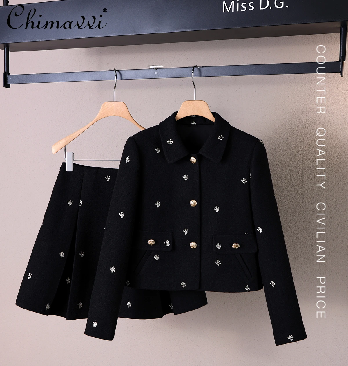 Gonna da giacca da socialite alla moda francese Set da due pezzi con risvolto ricamato monopetto a maniche lunghe con gonna a pieghe da donna