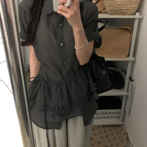 2025 moda mujer elegante verano textura sensación Micro cinturón transparente cintura superior reflectante antienvejecimiento irt camisa ligera