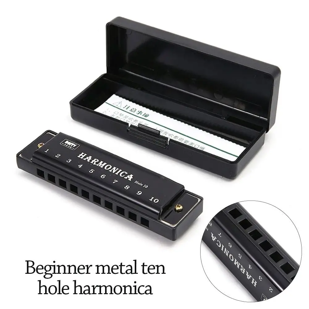 Tragbarer Tonart C 10-Loch-Mundharmonika mit Box aus Metall, diatonische Mundharmonika, Anfängerunterricht, rechteckige Mundharmonika für Studenten