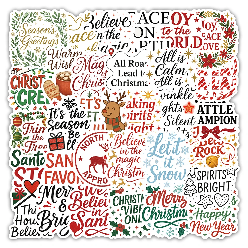 Paquete de 50 pegatinas festivas con frases navideñas, coloridas calcomanías de felicitación navideñas para envolver regalos, diarios y decoración navideña