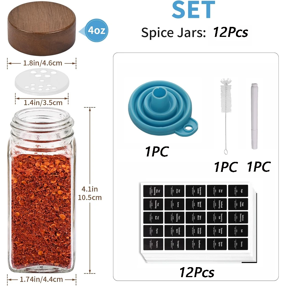 12Pcs Glass Spice Jars with Labels  4 Oz Square Spice Containers with Acacia Wood Lids Pen Funnel Seasoning Jars for Spice view 2